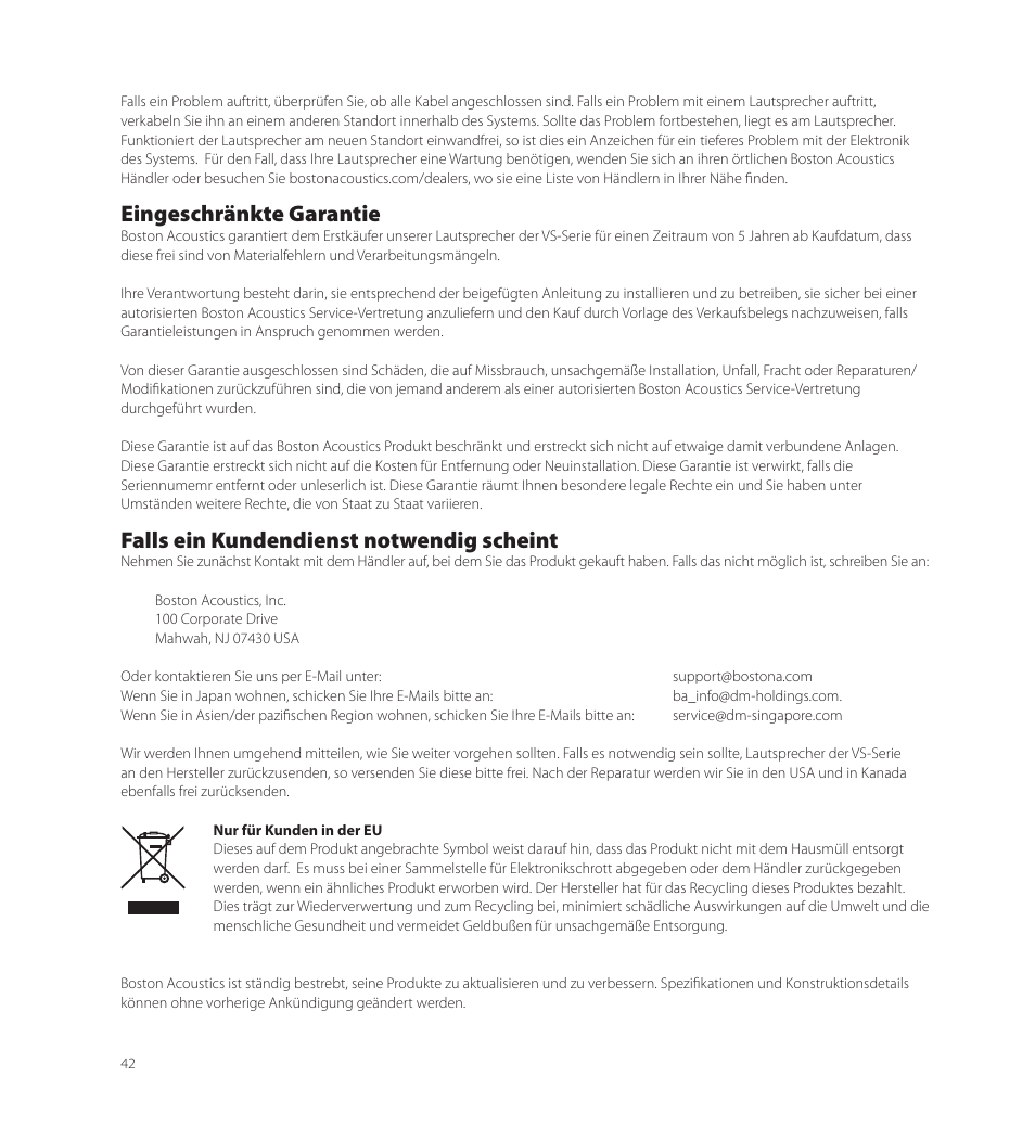 Eingeschränkte garantie, Falls ein kundendienst notwendig scheint | Boston Acoustics VS 344 User Manual | Page 42 / 44