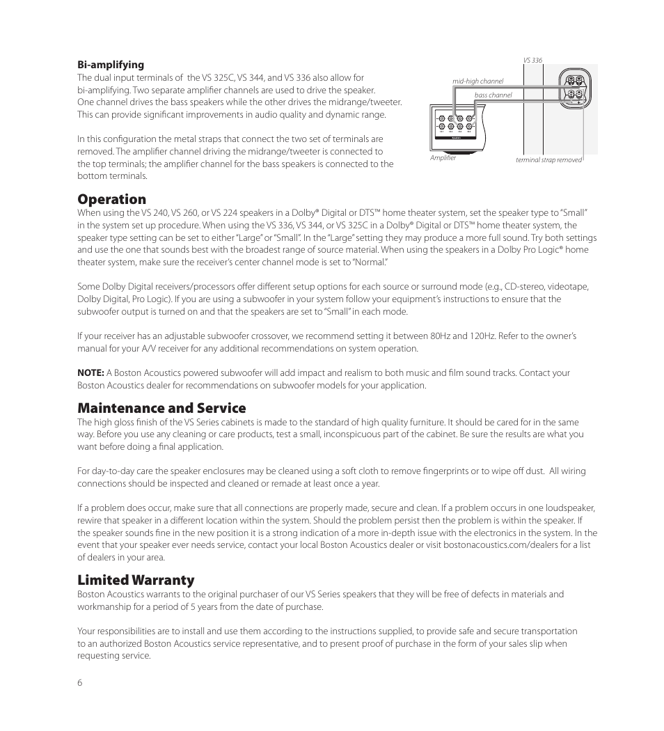 Operation, Maintenance and service, Limited warranty | Boston Acoustics VS 344 User Manual | Page 6 / 44