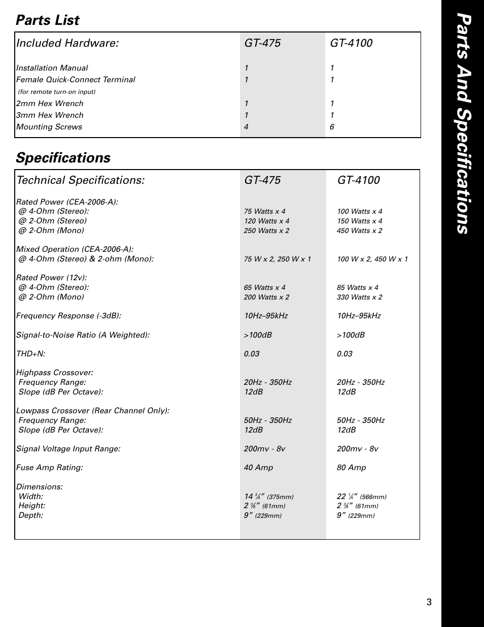 Parts list specifications | Boston Acoustics HSi Series GT-475 User Manual | Page 3 / 12