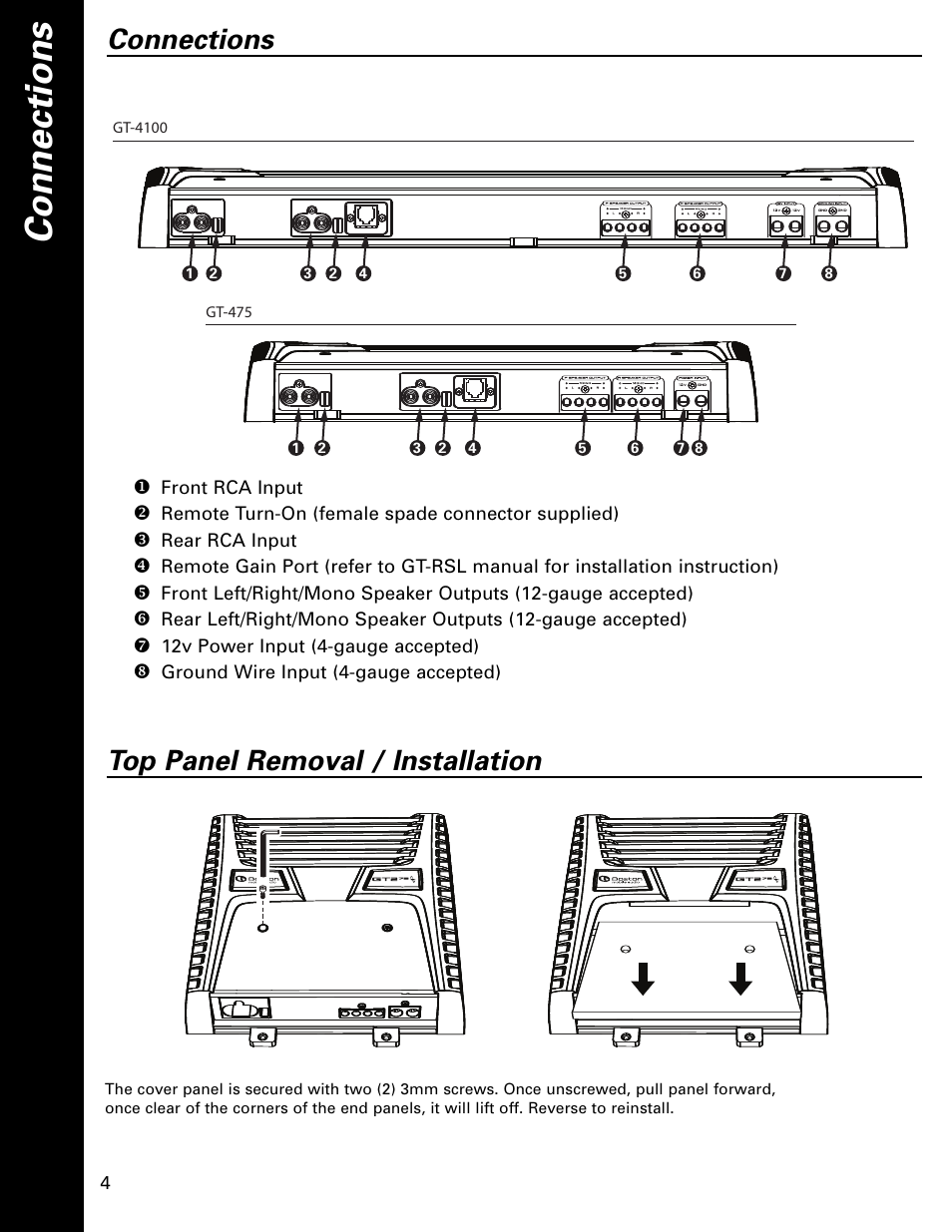 Connections, Top panel removal / installation | Boston Acoustics HSi Series GT-475 User Manual | Page 4 / 12
