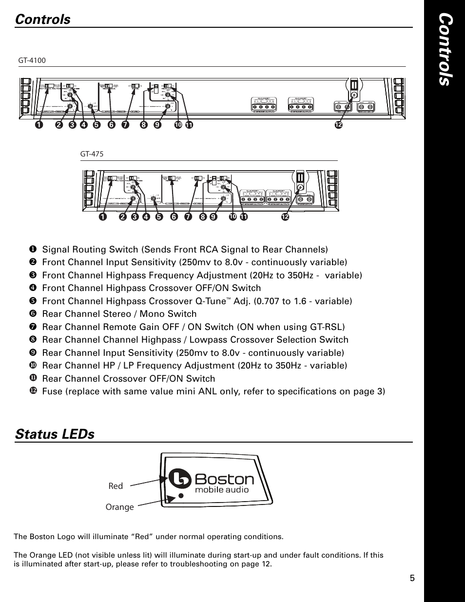Co n tr o ls, Controls, Status leds | Boston Acoustics HSi Series GT-475 User Manual | Page 5 / 12