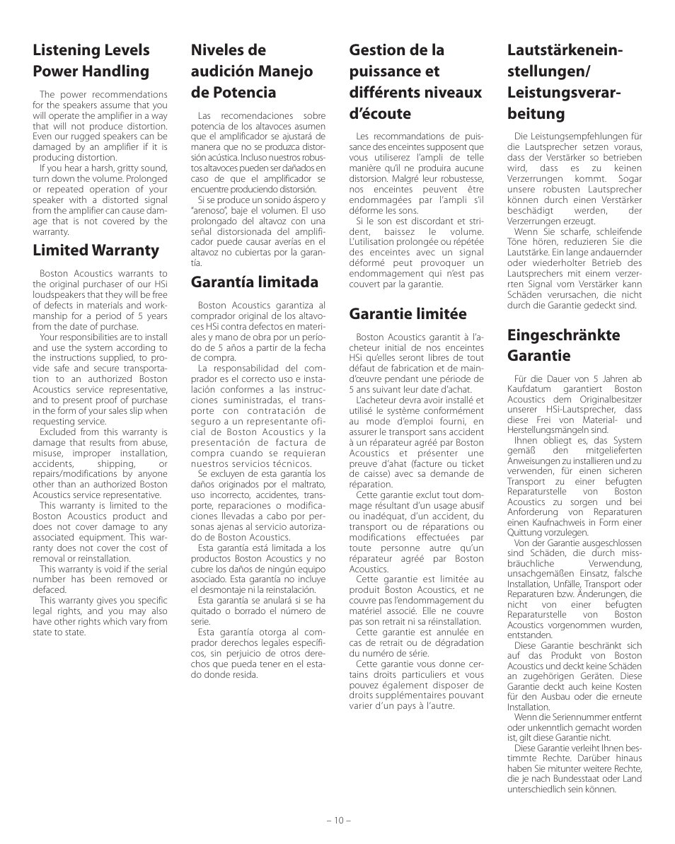 Listening levels power handling, Limited warranty, Niveles de audición manejo de potencia | Garantía limitada, Garantie limitée, Eingeschränkte garantie | Boston Acoustics HSi 455 User Manual | Page 10 / 12