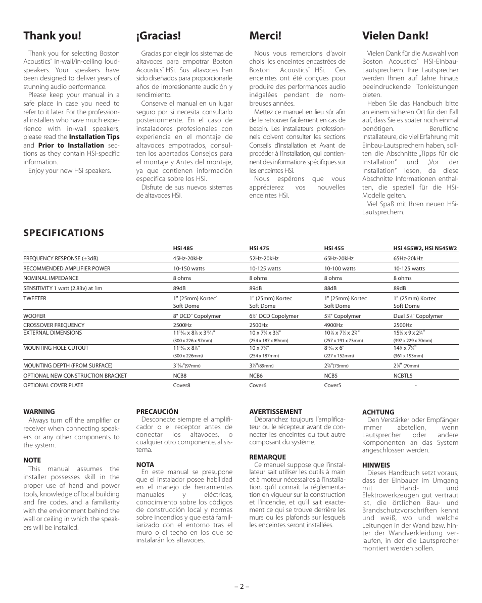 Gracias, Vielen dank, Merci | Specifications | Boston Acoustics HSi 455 User Manual | Page 2 / 12