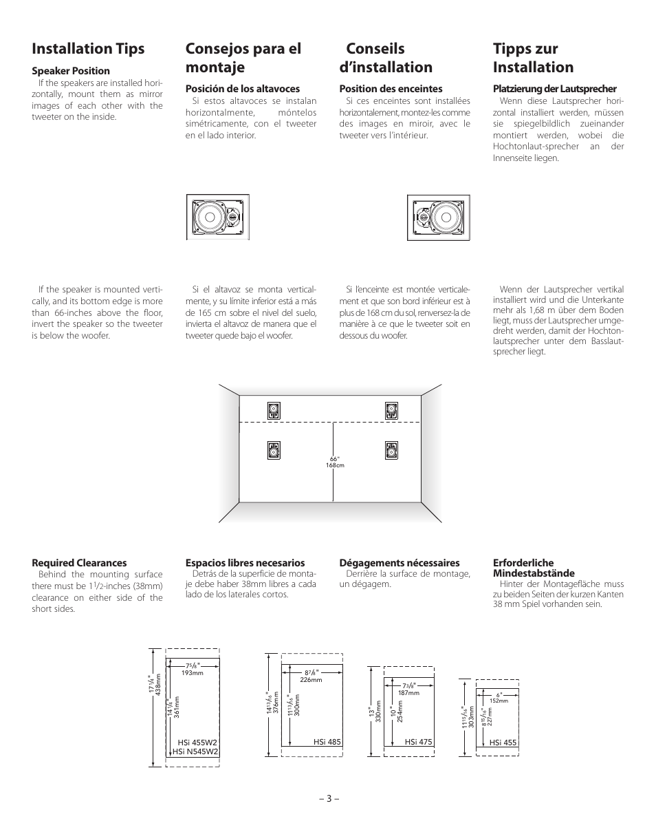 Installation tips, Consejos para el montaje, Tipps zur installation | Conseils d’installation, Speaker position, Posición de los altavoces, Platzierung der lautsprecher, Position des enceintes, Required clearances, Espacios libres necesarios | Boston Acoustics HSi 455 User Manual | Page 3 / 12