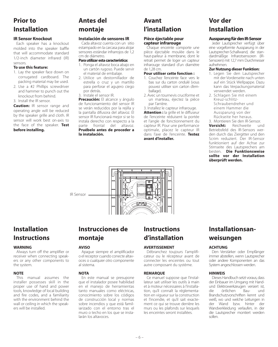 Antes del montaje, Vor der installation, Avant l’installation | Prior to installation, Installation instructions, Instrucciones de montaje, Instructions d’installation, Installationsan- weisungen | Boston Acoustics HSi 455 User Manual | Page 6 / 12