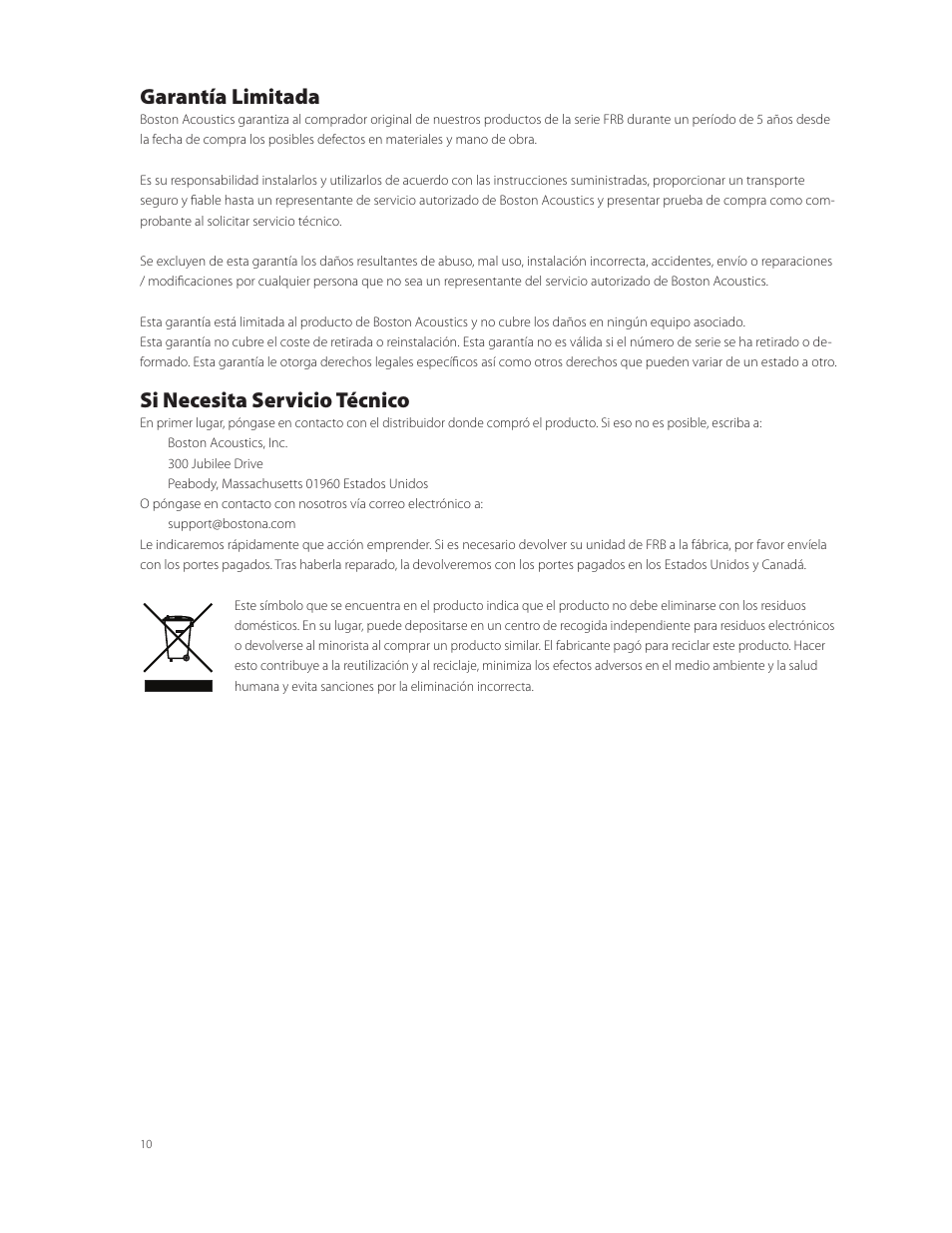 Garantía limitada, Si necesita servicio técnico | Boston Acoustics FRB8R User Manual | Page 10 / 16