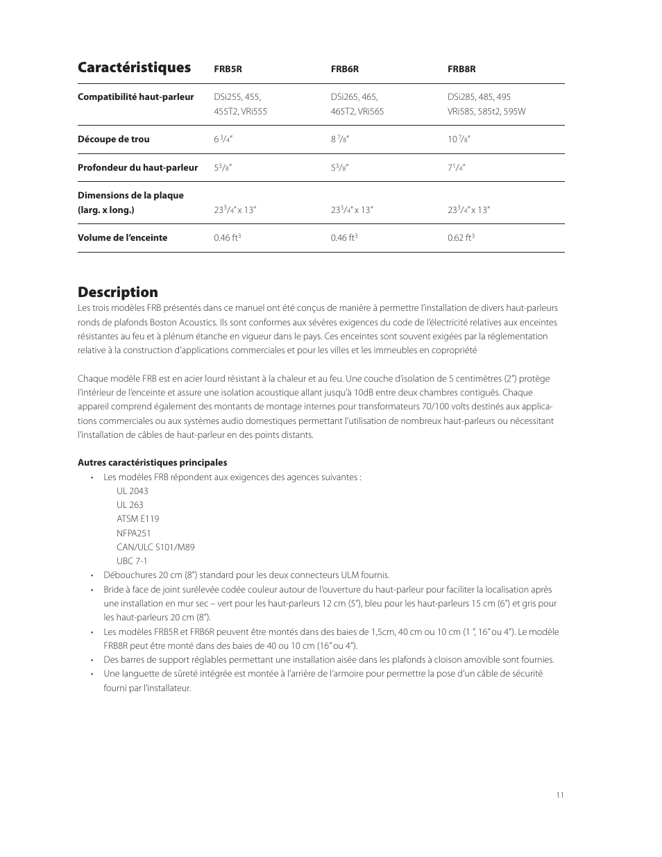 Caractéristiques, Description | Boston Acoustics FRB8R User Manual | Page 11 / 16