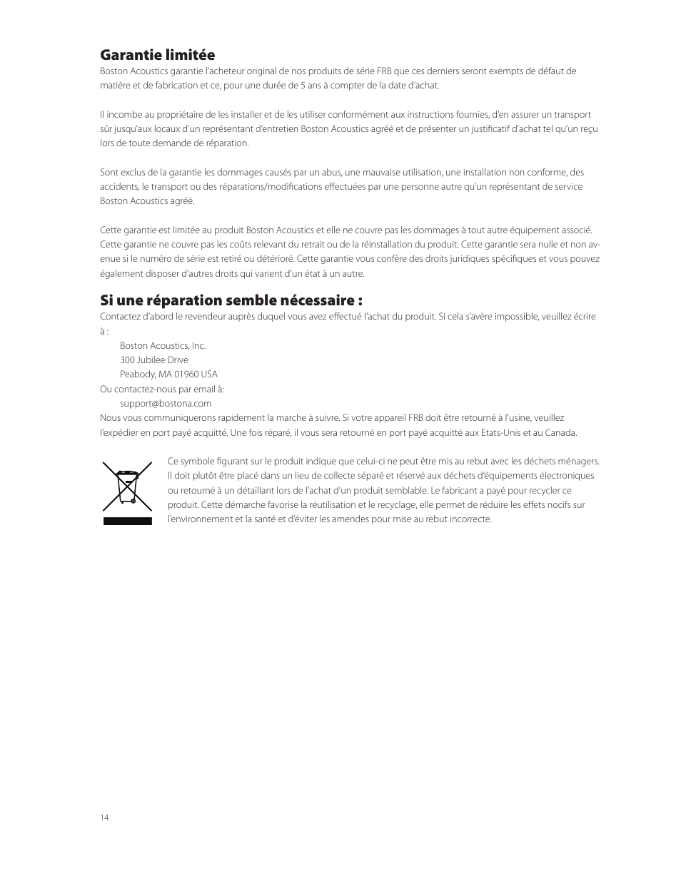 Garantie limitée, Si une réparation semble nécessaire | Boston Acoustics FRB8R User Manual | Page 14 / 16