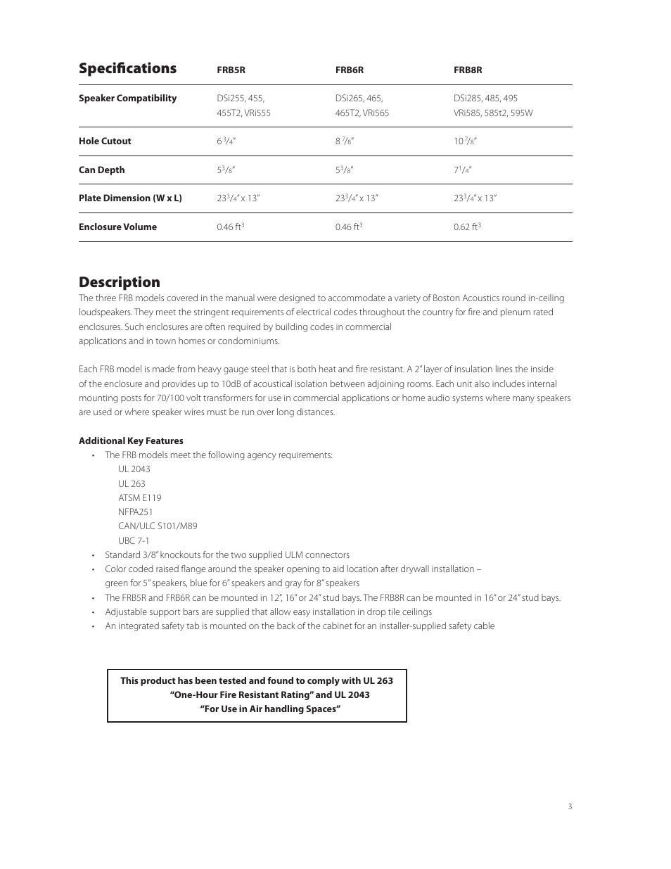 Specifications, Description | Boston Acoustics FRB8R User Manual | Page 3 / 16