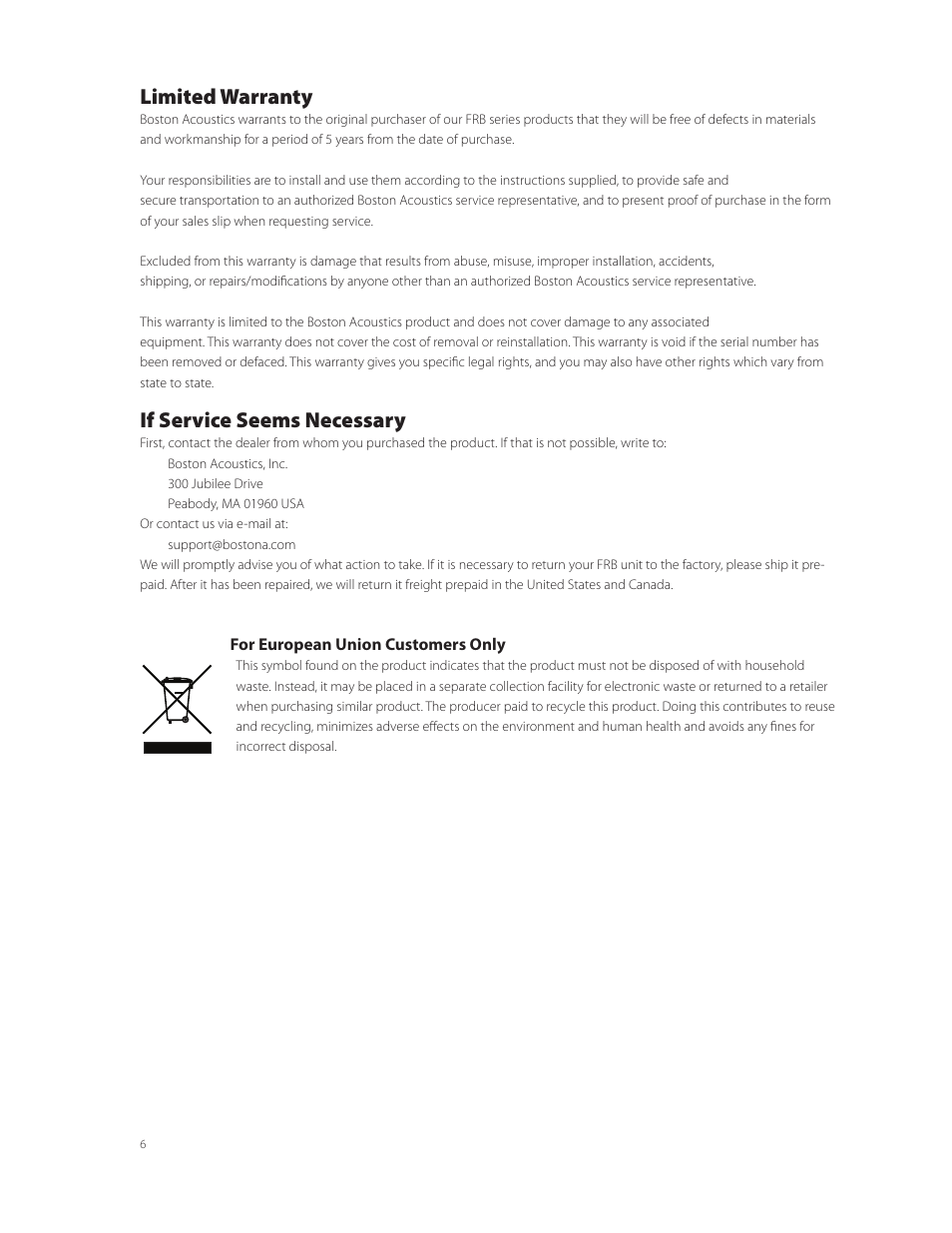 Limited warranty, If service seems necessary | Boston Acoustics FRB8R User Manual | Page 6 / 16