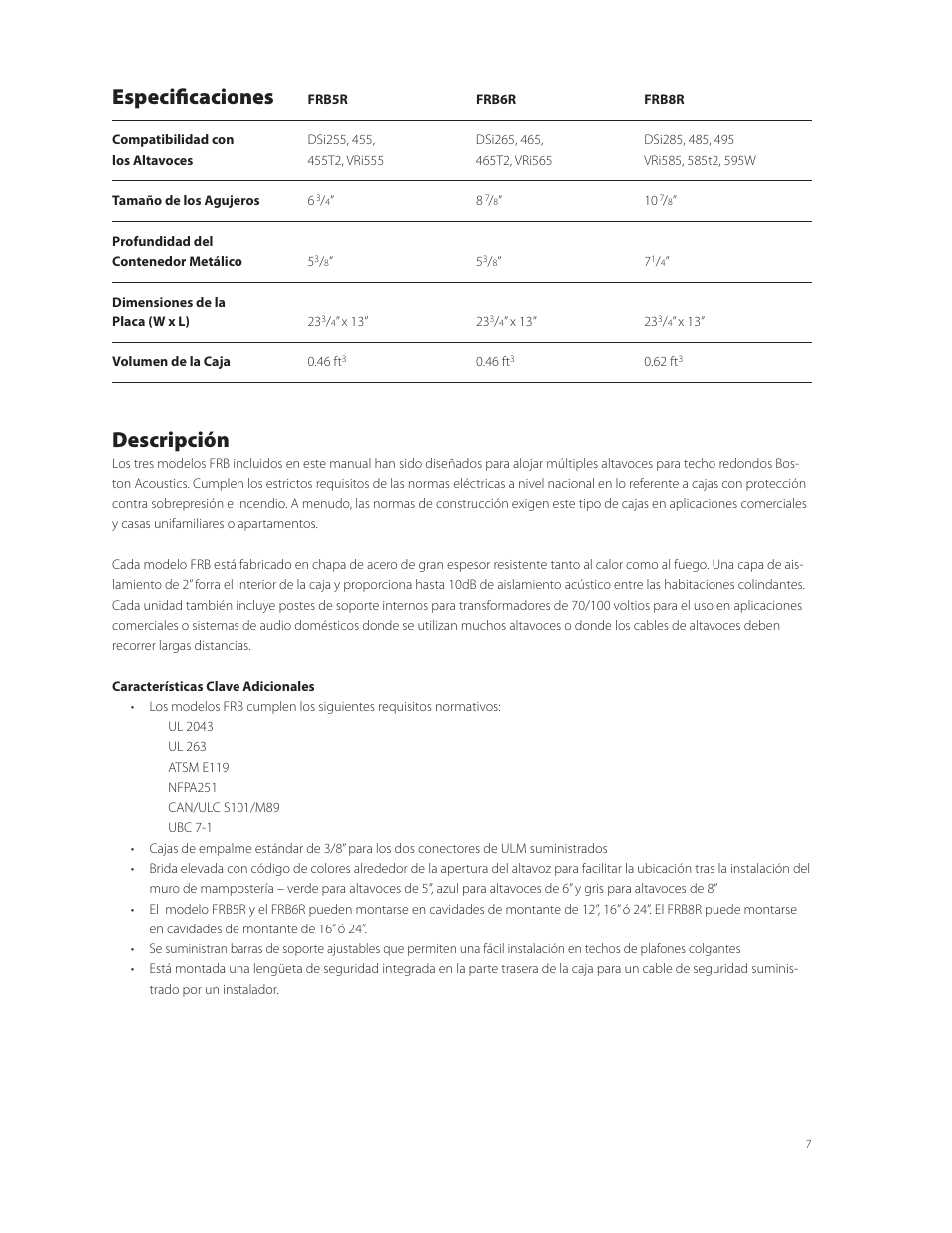 Especificaciones, Descripción | Boston Acoustics FRB8R User Manual | Page 7 / 16