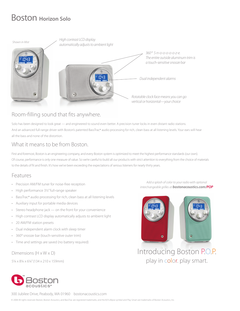 Boston, Introducing boston p . o . p, Room-filling sound that fits anywhere | What it means to be from boston, Features, Horizon solo | Boston Acoustics AM/FM Radio User Manual | Page 2 / 2