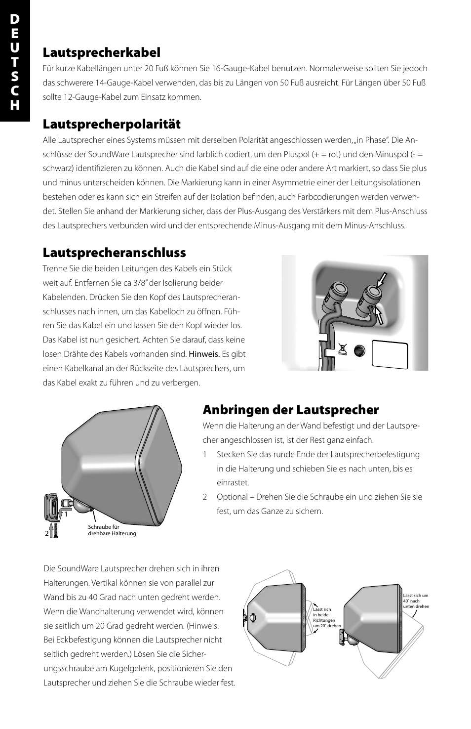 Lautsprecherkabel, Lautsprecherpolarität, Lautsprecheranschluss | Anbringen der lautsprecher | Boston Acoustics Indoor / Outdoor Speaker User Manual | Page 18 / 20