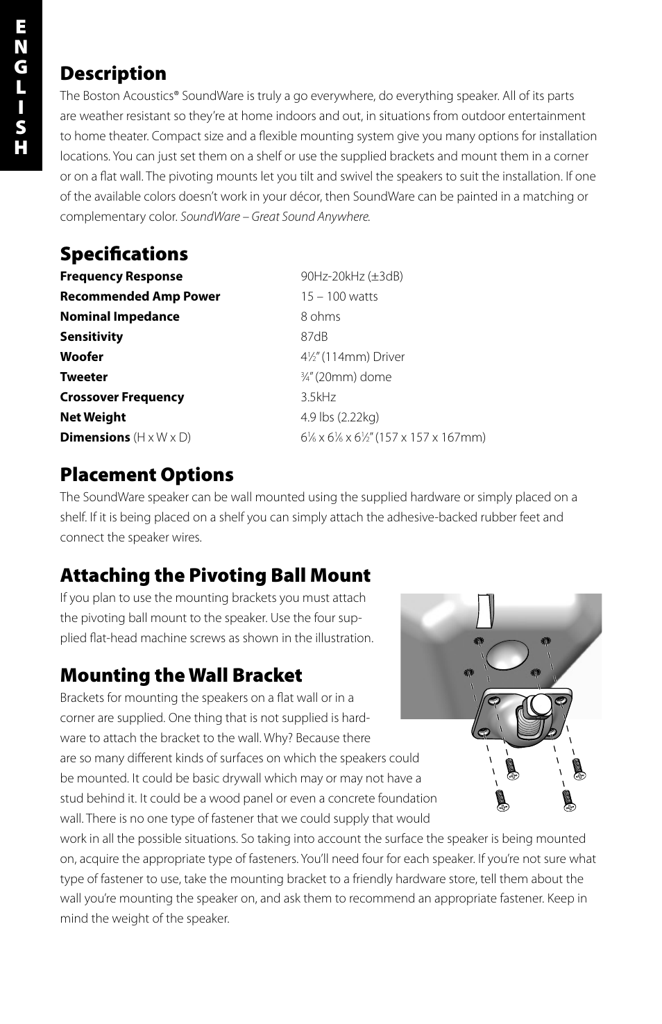 Description, Specifi cations, Placement options | Attaching the pivoting ball mount, Mounting the wall bracket | Boston Acoustics Indoor / Outdoor Speaker User Manual | Page 2 / 20