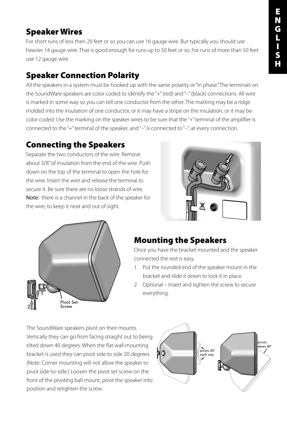 Speaker wires, Speaker connection polarity, Connecting the speakers | Mounting the speakers | Boston Acoustics Indoor / Outdoor Speaker User Manual | Page 3 / 20