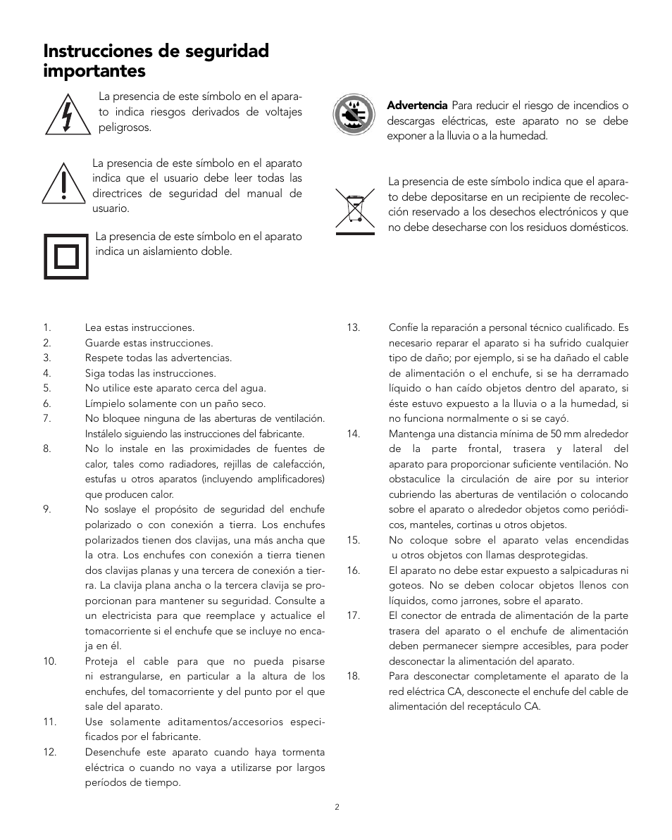 Instrucciones de seguridad importantes | Boston Acoustics XB2 User Manual | Page 10 / 24