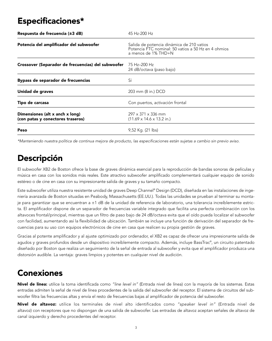 Conexiones, Descripción, Especificaciones | Boston Acoustics XB2 User Manual | Page 11 / 24