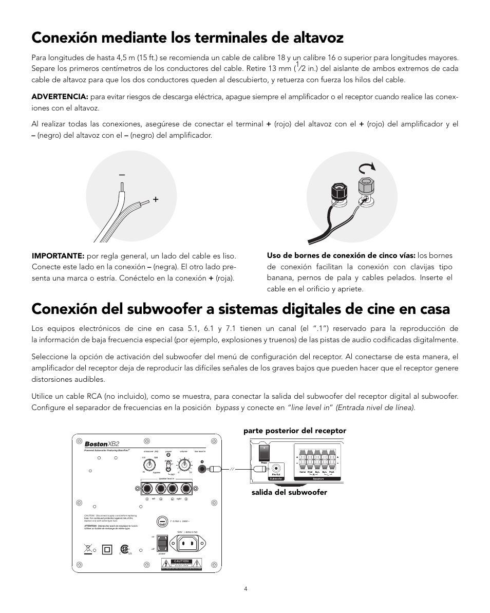 Conexión mediante los terminales de altavoz, Parte posterior del receptor | Boston Acoustics XB2 User Manual | Page 12 / 24