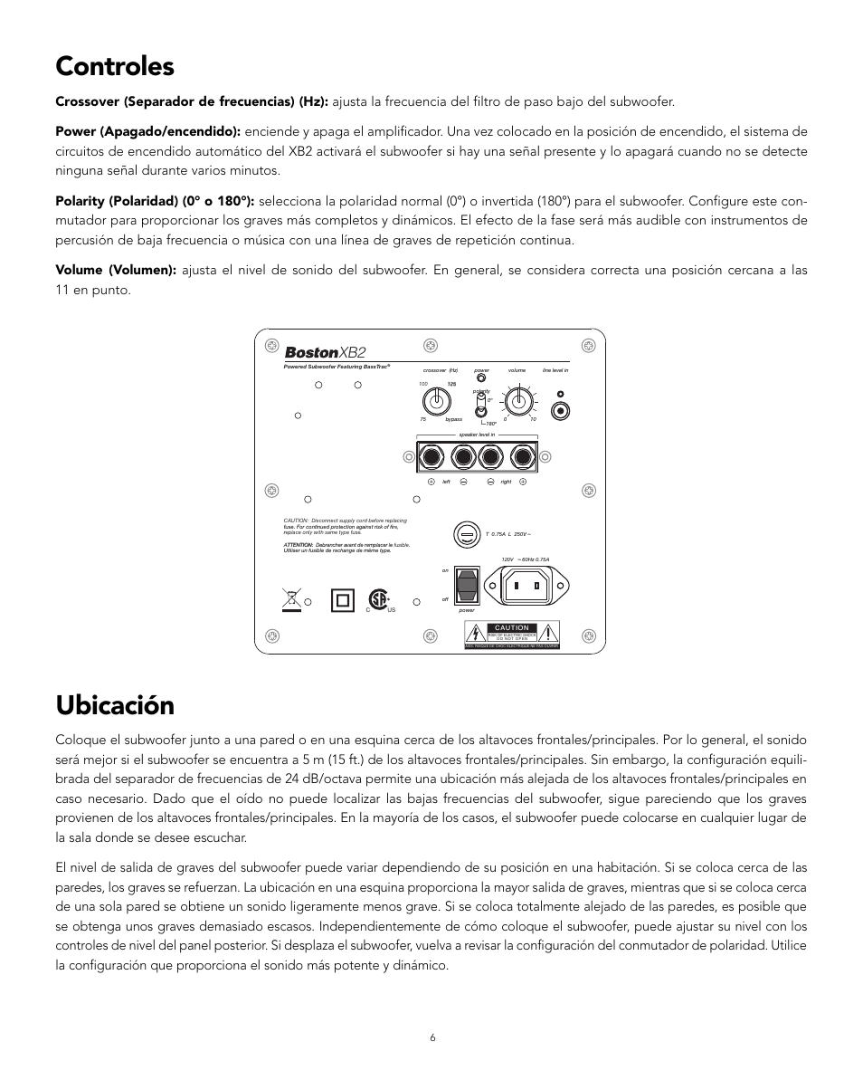 Controles, Ubicación | Boston Acoustics XB2 User Manual | Page 14 / 24