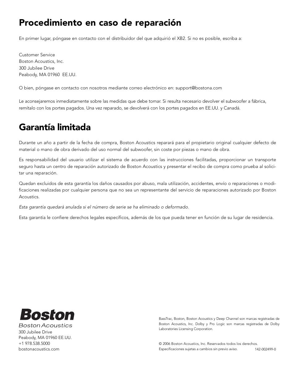 Procedimiento en caso de reparación, Garantía limitada | Boston Acoustics XB2 User Manual | Page 16 / 24