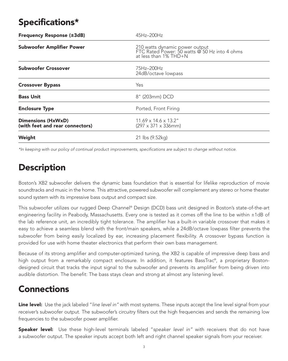 Connections, Description, Specifications | Boston Acoustics XB2 User Manual | Page 3 / 24