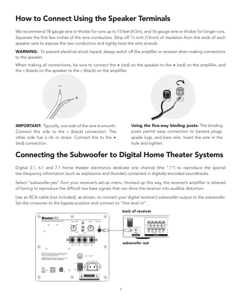 How to connect using the speaker terminals, Back of receiver, Subwoofer out | Boston Acoustics XB2 User Manual | Page 4 / 24