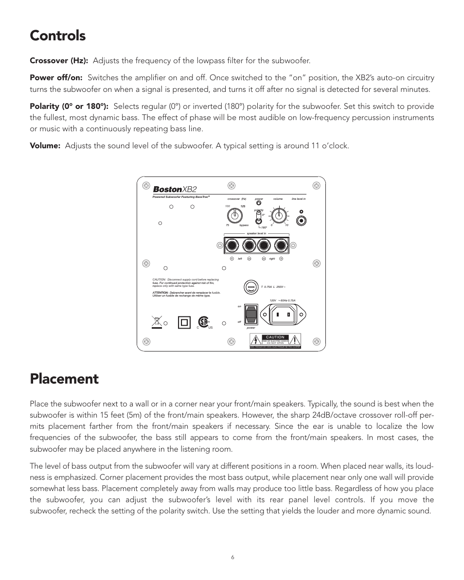 Controls, Placement | Boston Acoustics XB2 User Manual | Page 6 / 24