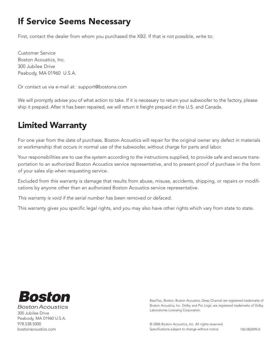If service seems necessary, Limited warranty | Boston Acoustics XB2 User Manual | Page 8 / 24