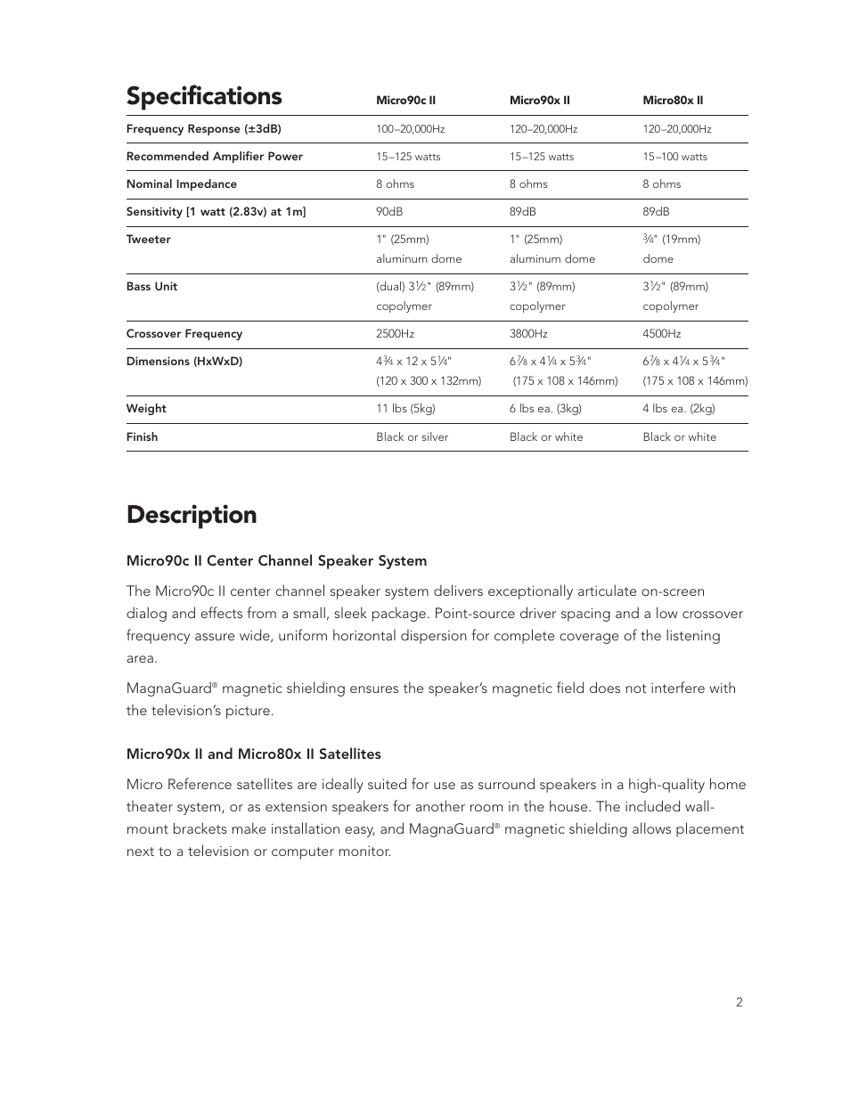 Specifications, Description | Boston Acoustics Micro90c II User Manual | Page 2 / 6