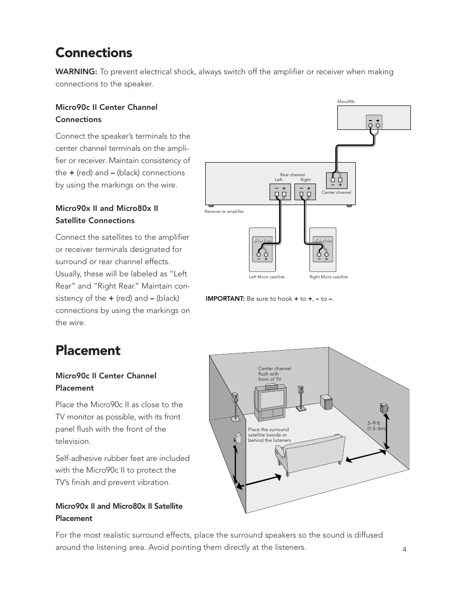 Connections, Placement | Boston Acoustics Micro90c II User Manual | Page 4 / 6