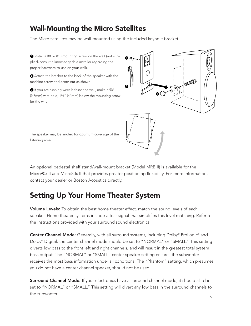 Wall-mounting the micro satellites, Setting up your home theater system | Boston Acoustics Micro90c II User Manual | Page 5 / 6