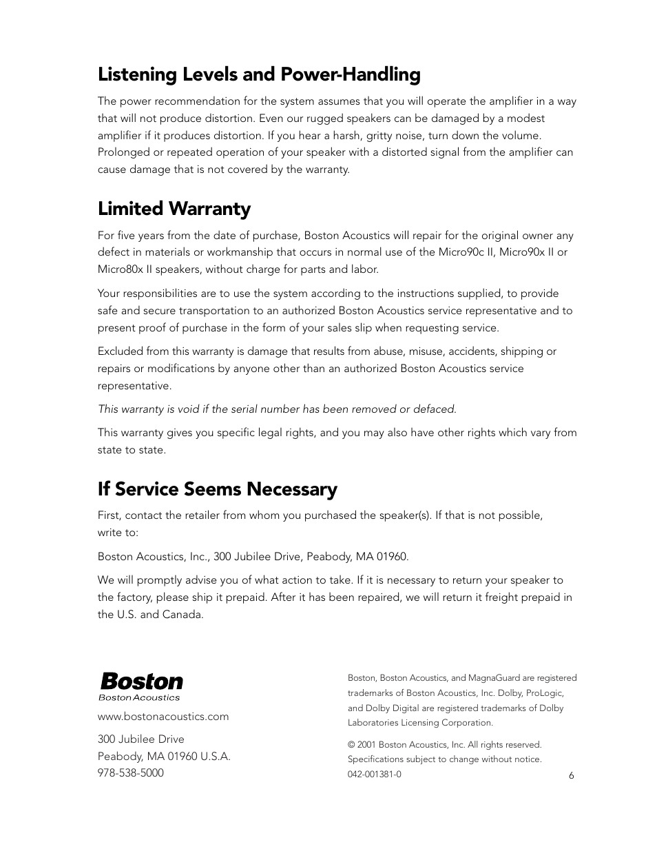 Listening levels and power-handling, Limited warranty, If service seems necessary | Boston Acoustics Micro90c II User Manual | Page 6 / 6