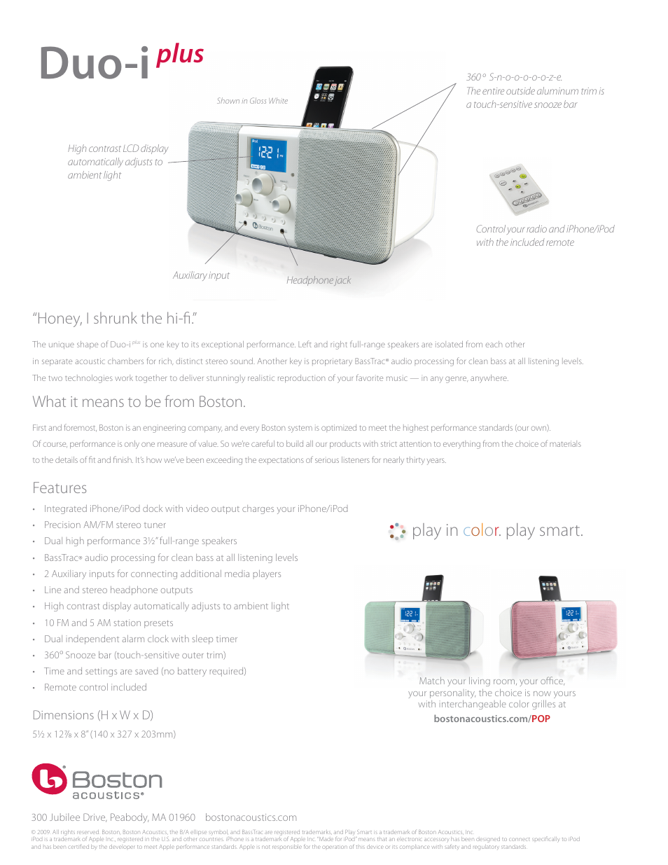 Duo-i, Plus, Honey, i shrunk the hi-fi | What it means to be from boston, Features | Boston Acoustics Horizon Duo-iplus User Manual | Page 2 / 2