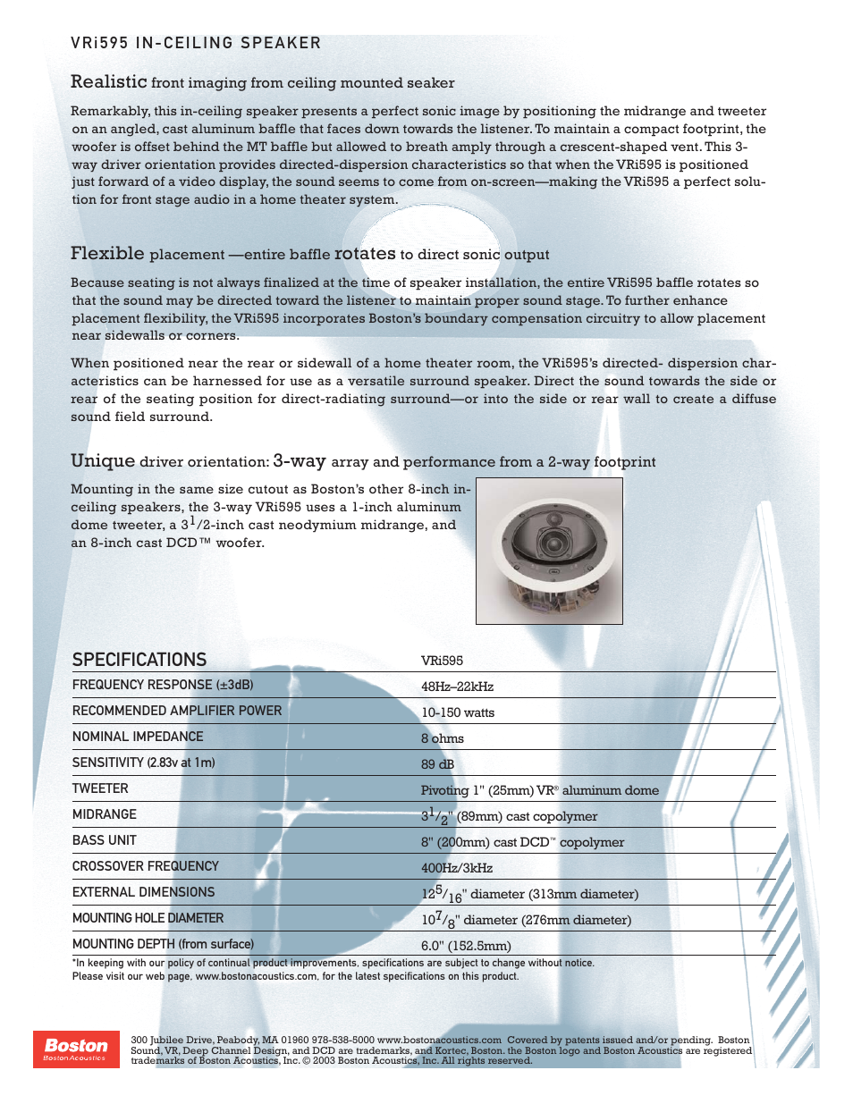 Specifications, Realistic, Flexible | Rotates, Unique | Boston Acoustics VRI595 User Manual | Page 2 / 2