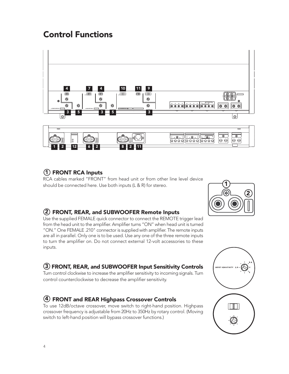 Control functions, Front rca inputs, Front, rear, and subwoofer remote inputs | Front and rear highpass crossover controls | Boston Acoustics GT-50 User Manual | Page 4 / 19