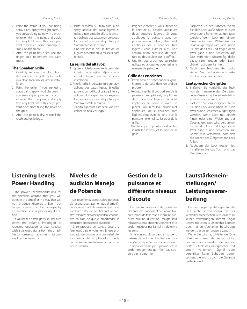 Listening levels power hand, Listening levels, Power handling | Listening levels power handling, Niveles de audición manejo de potencia | Boston Acoustics VSi 575 User Manual | Page 15 / 16