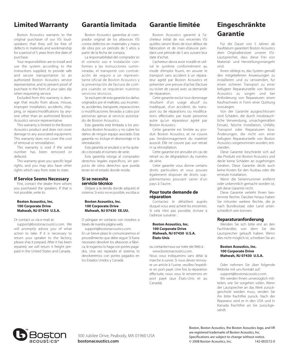 Warranty information, Limited warranty, Garantía limitada | Eingeschränkte garantie, Garantie limitée | Boston Acoustics VSi 575 User Manual | Page 16 / 16