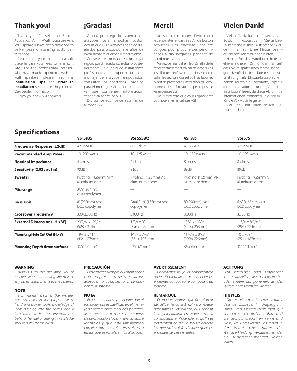 Thank you, Specifications, Gracias | Vielen dank, Merci | Boston Acoustics VSi 575 User Manual | Page 3 / 16