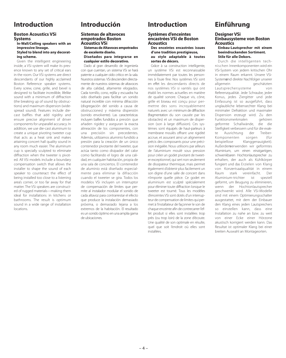 Introduction, Introducción, Einführung | Boston Acoustics VSi 575 User Manual | Page 4 / 16