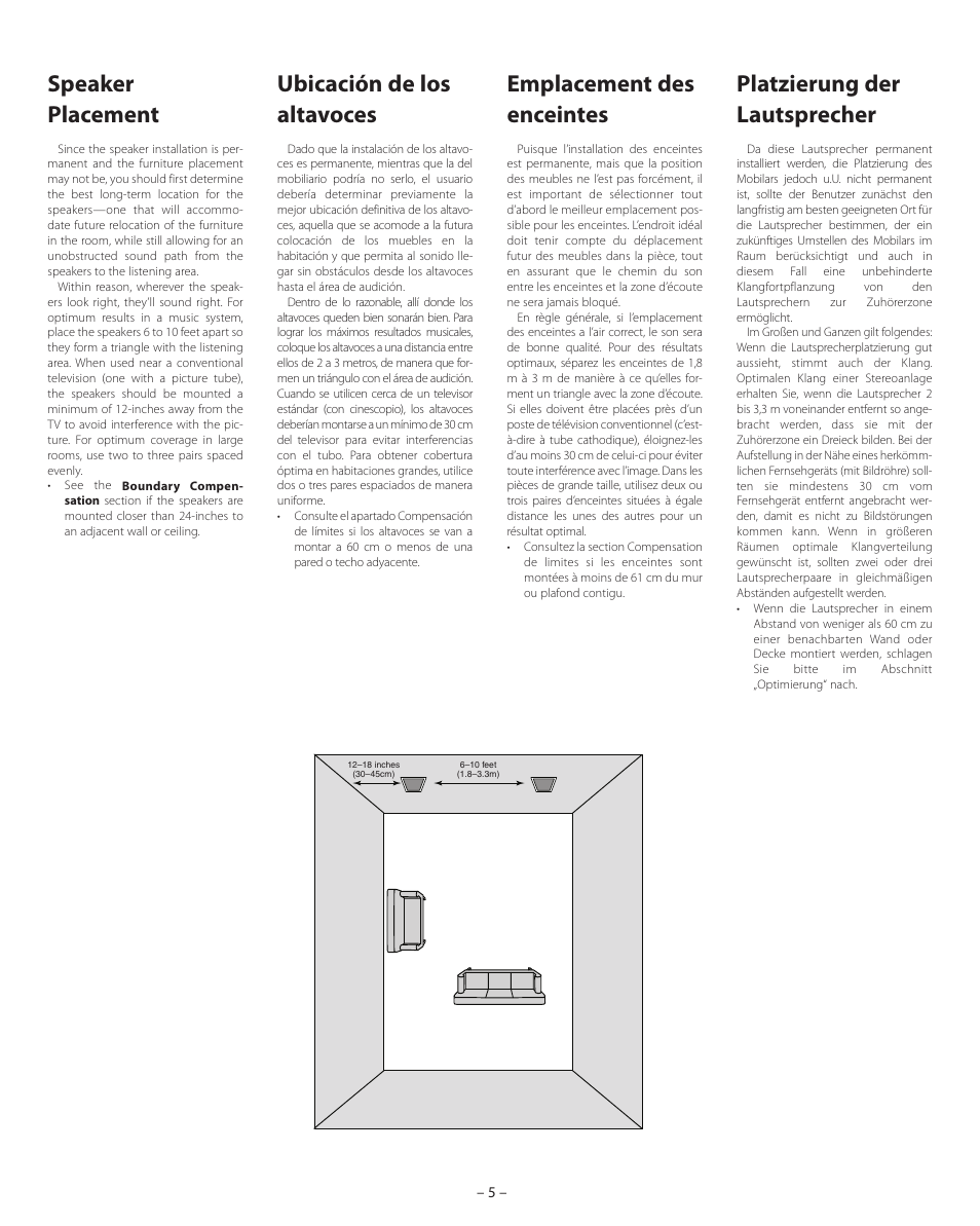 Speaker placement, Ubicación de los altavoces, Platzierung der lautsprecher | Emplacement des enceintes | Boston Acoustics VSi 575 User Manual | Page 5 / 16