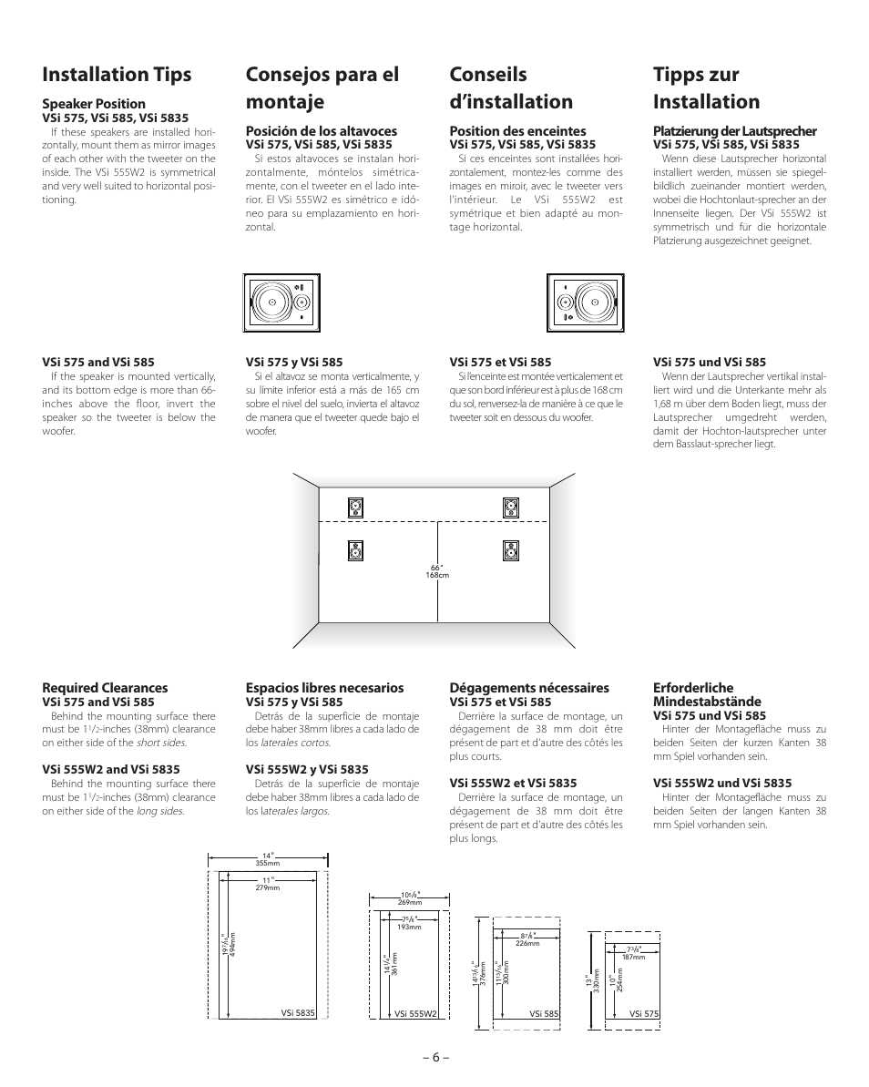 Installation tips, Consejos para el montaje, Tipps zur installation | Conseils d’installation, Speaker position, Required clearances, Posición de los altavoces, Espacios libres necesarios, Platzierung der lautsprecher, Erforderliche mindestabstände | Boston Acoustics VSi 575 User Manual | Page 6 / 16