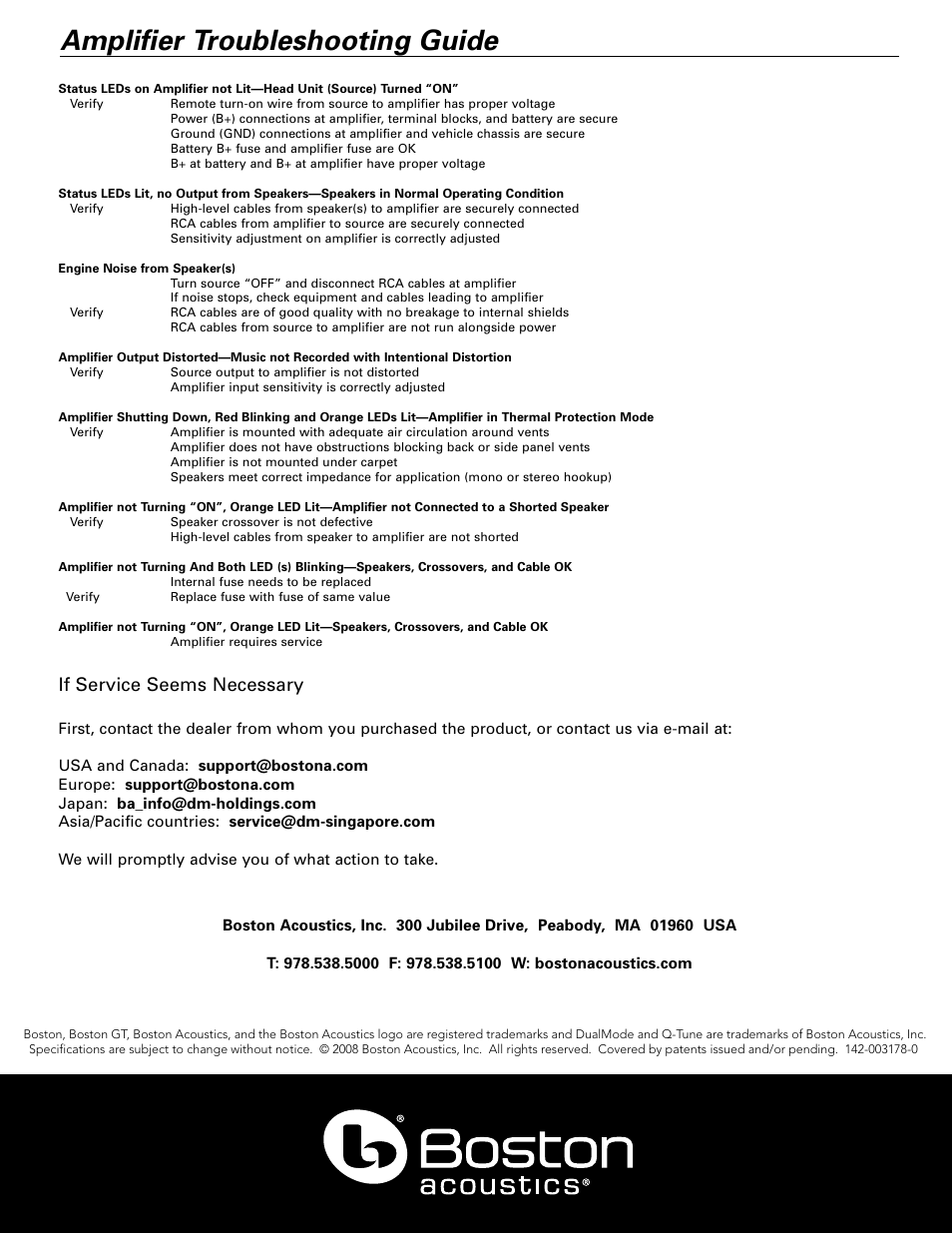Amplifier troubleshooting guide, If service seems necessary | Boston Acoustics GT-2200 User Manual | Page 12 / 12