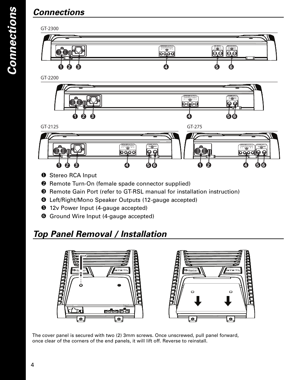 Connections, Top panel removal / installation | Boston Acoustics GT-2200 User Manual | Page 4 / 12