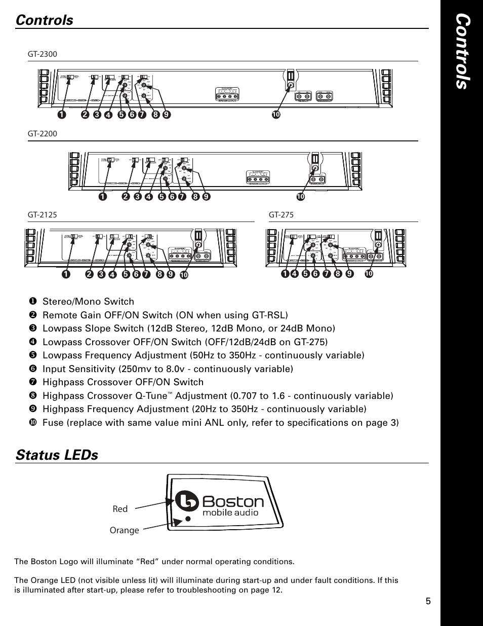 Co n tr o ls, Controls, Status leds | Boston Acoustics GT-2200 User Manual | Page 5 / 12