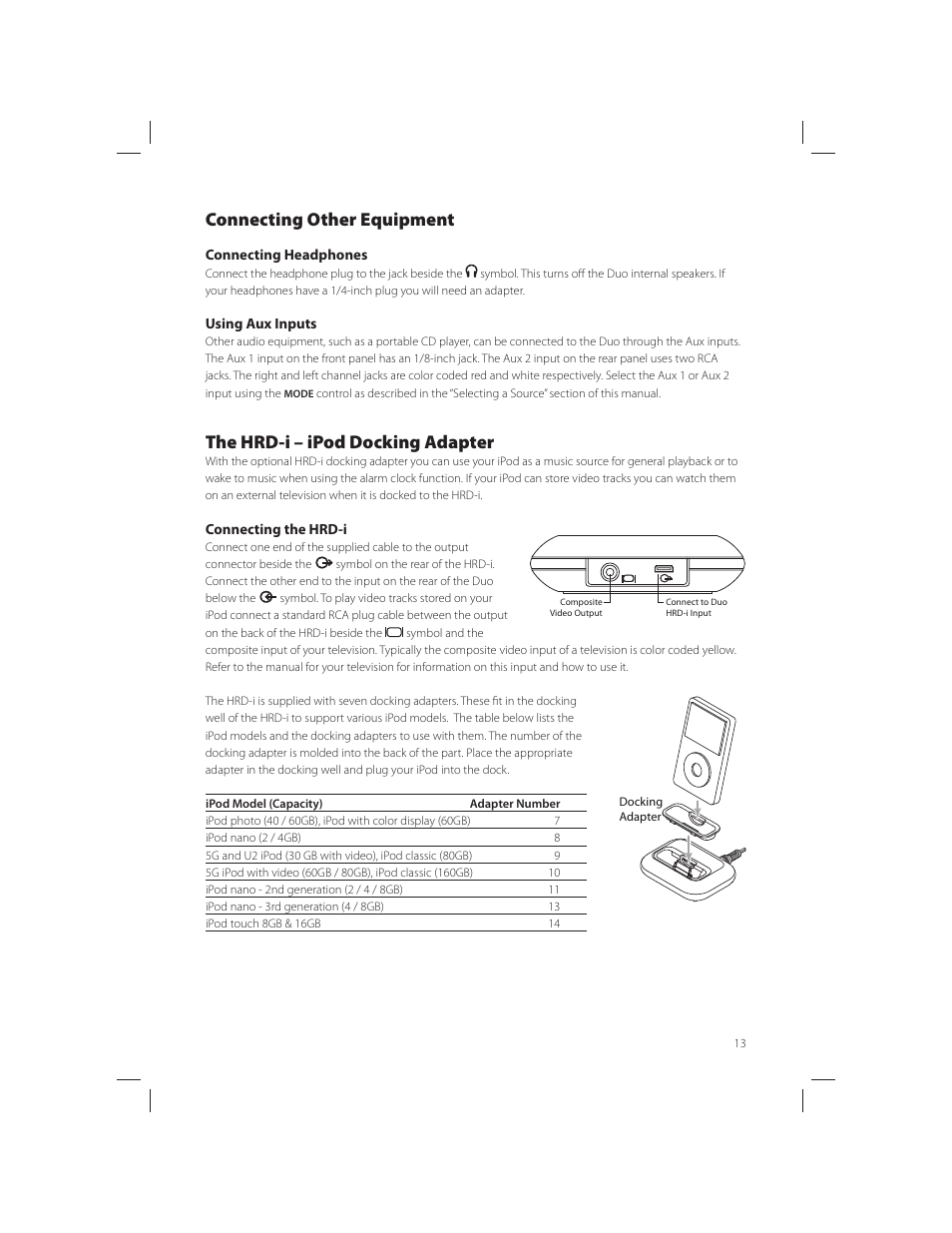 Connecting other equipment, The hrd-i – ipod docking adapter | Boston Acoustics AM/FM Radio Tuner User Manual | Page 13 / 16