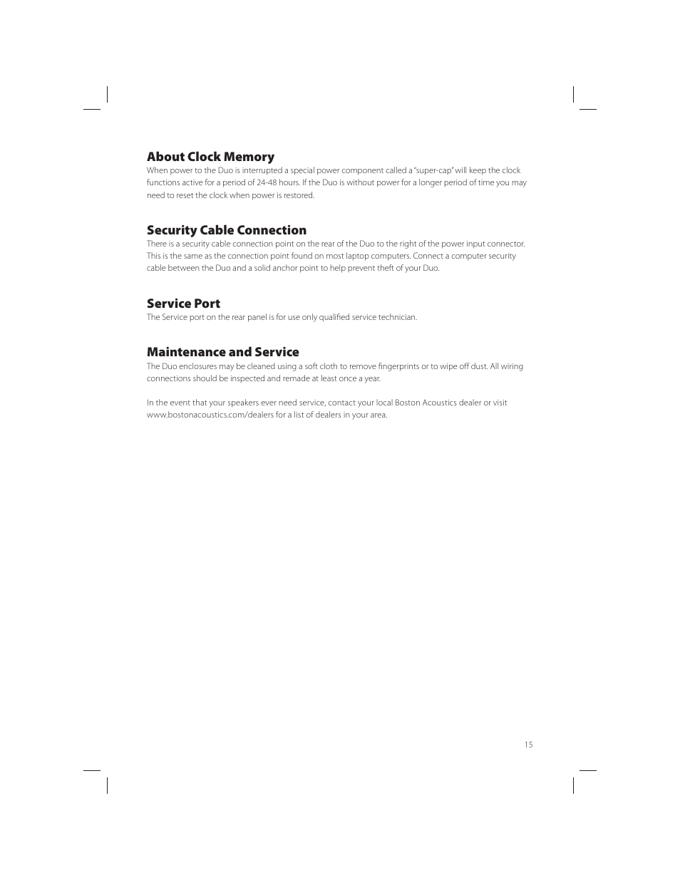 Security cable connection, Service port, Maintenance and service | Boston Acoustics AM/FM Radio Tuner User Manual | Page 15 / 16