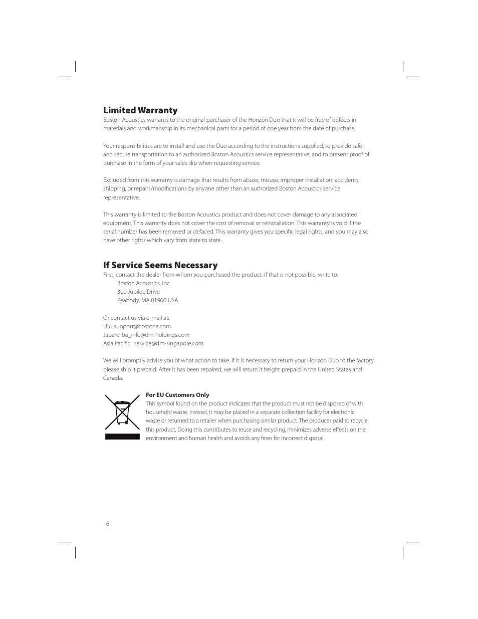 Limited warranty, If service seems necessary | Boston Acoustics AM/FM Radio Tuner User Manual | Page 16 / 16