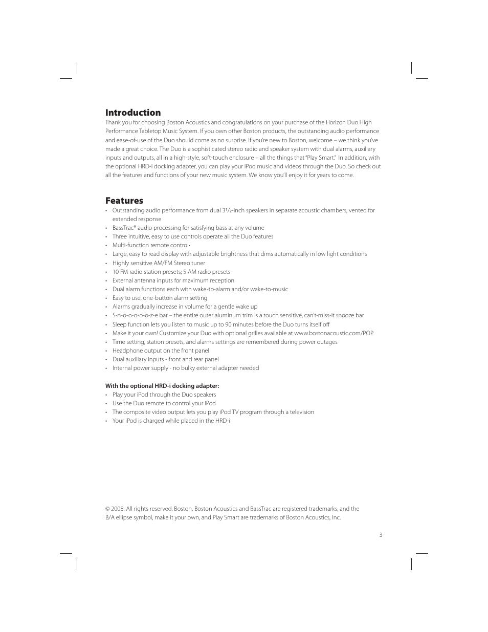Introduction, Features | Boston Acoustics AM/FM Radio Tuner User Manual | Page 3 / 16