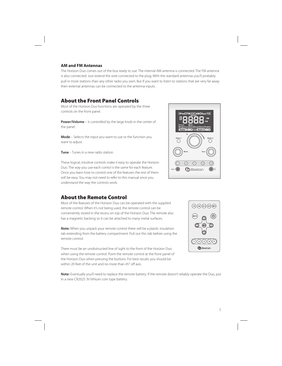 About the front panel controls, About the remote control | Boston Acoustics AM/FM Radio Tuner User Manual | Page 5 / 16