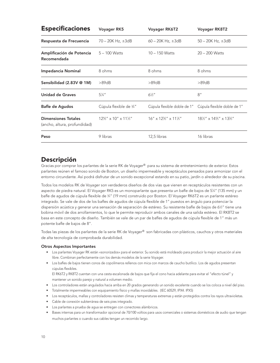 Especificaciones, Descripción | Boston Acoustics RK8T2 User Manual | Page 10 / 25
